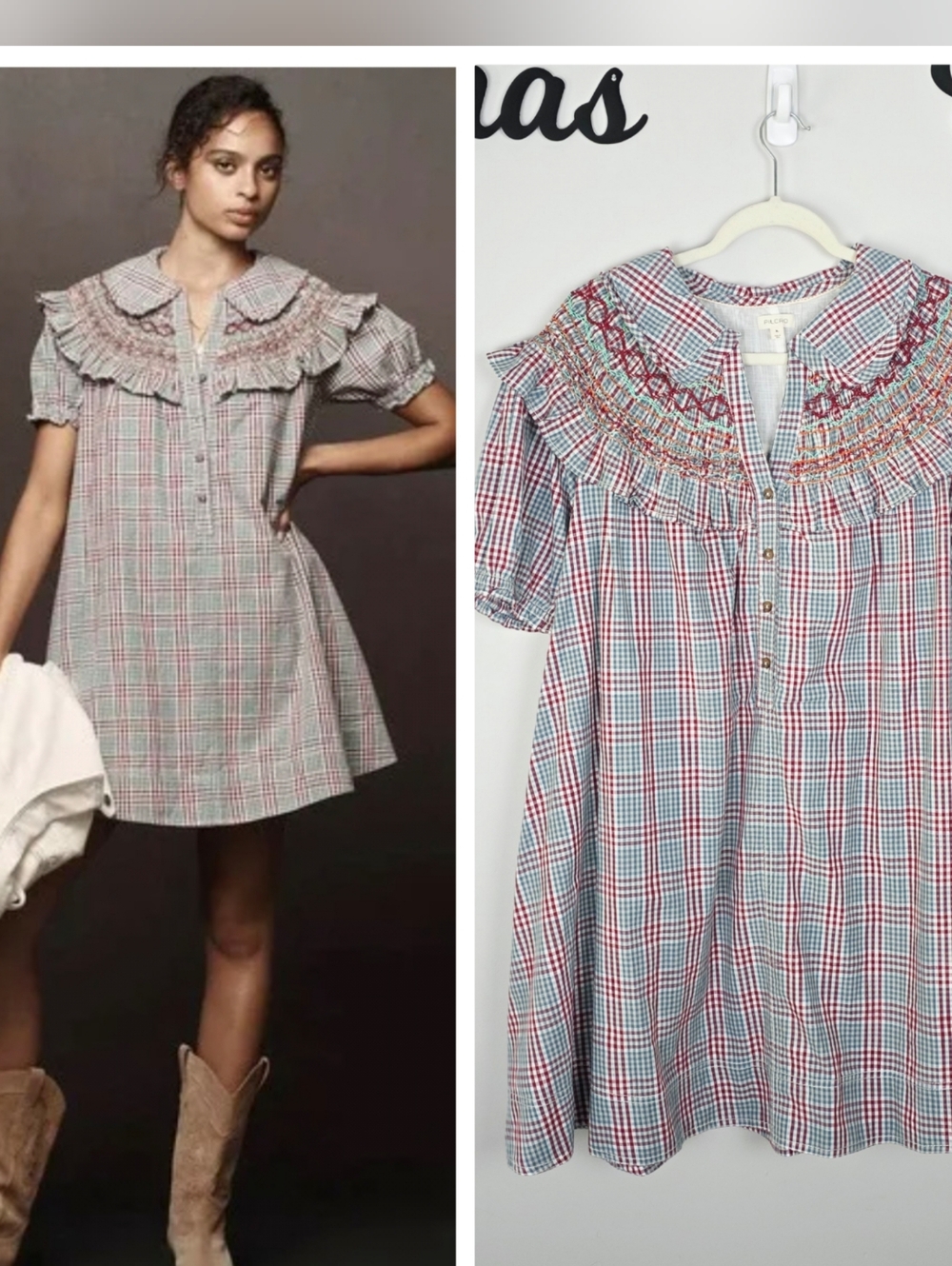 Anthropologie Red, Blue & White Plaid Smocked Yoke Mini Dress